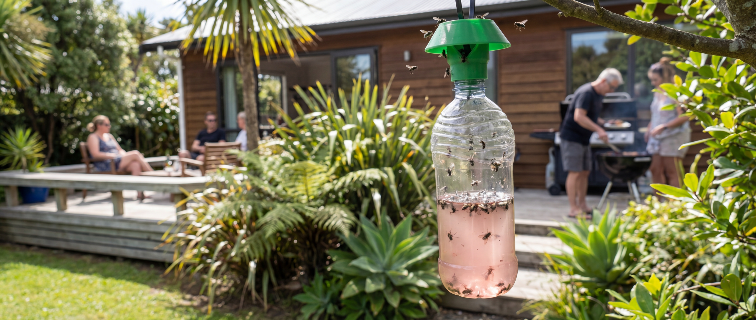 Reusable outdoor fly trap catching blow flies and house flies in a bottle placed in a rural garden or farm environment.