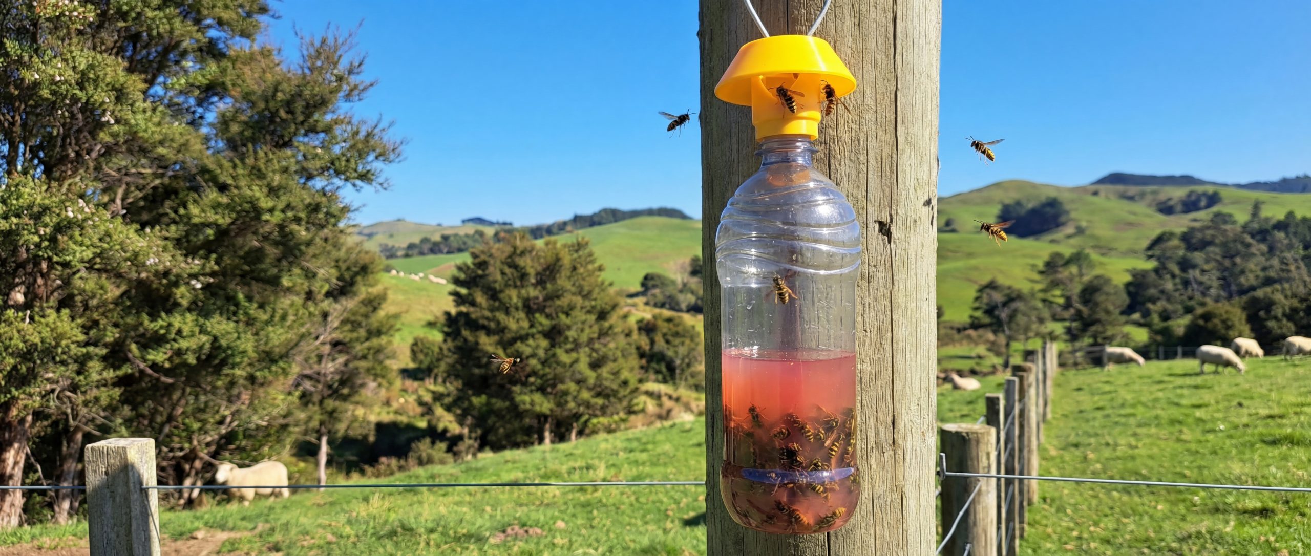 Close-up of a reusable NZ-made wasp trap attached to a bottle with wasps inside for natural outdoor pest control.