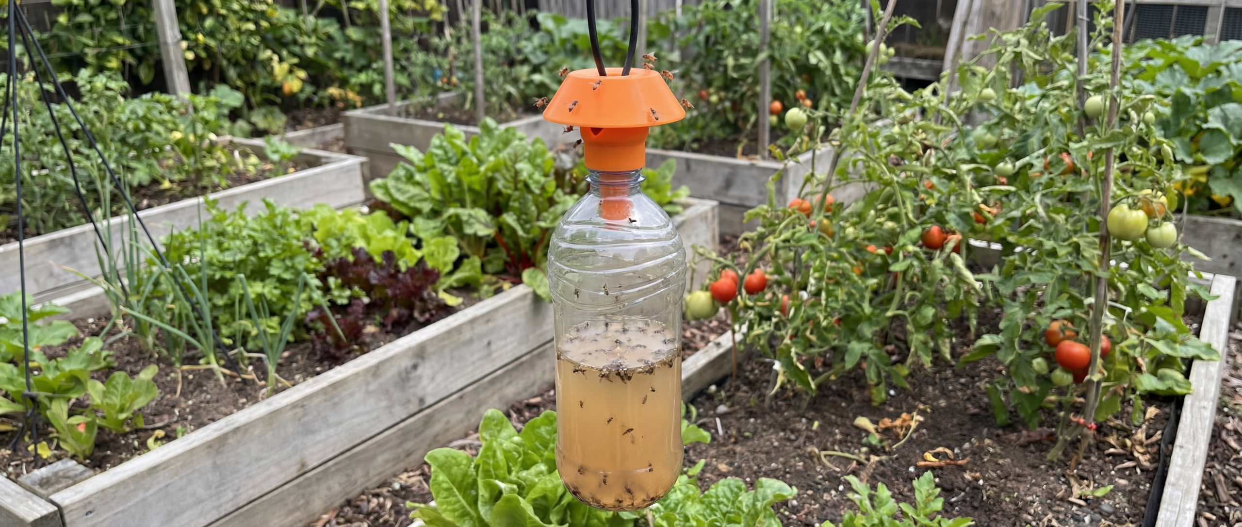 Reusable Gotcha Fruit Fly trap attached to a bottle with fruit flies inside, designed for controlling fruit flies in New Zealand homes and gardens.