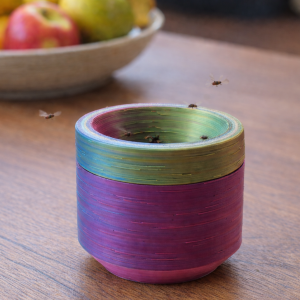 Reusable fruit fly trap on kitchen bench designed to catch fruit flies using apple cider vinegar bait