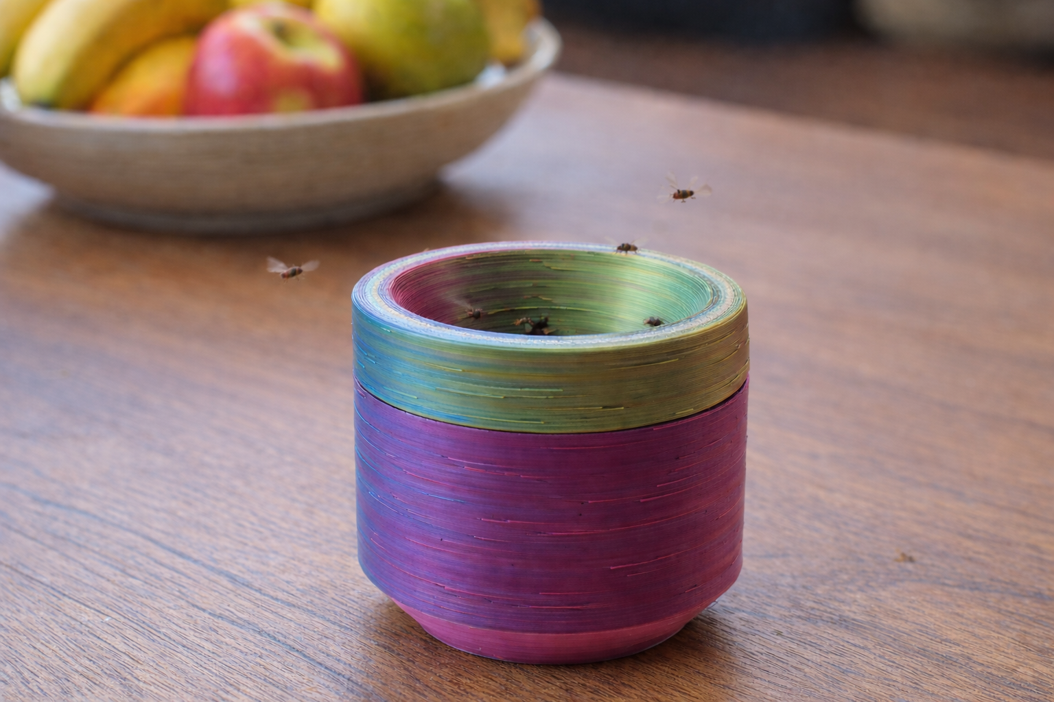 Reusable fruit fly trap on kitchen bench designed to catch fruit flies using apple cider vinegar bait