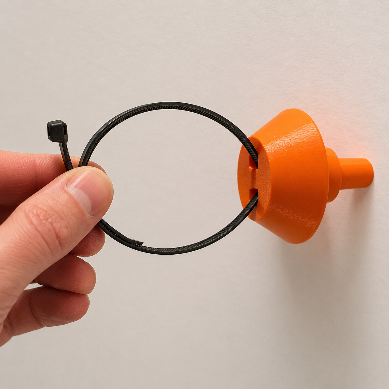 Genuine GotchaPest UV cable tie securely attaching a fly trap to a tree branch for outdoor pest control.
